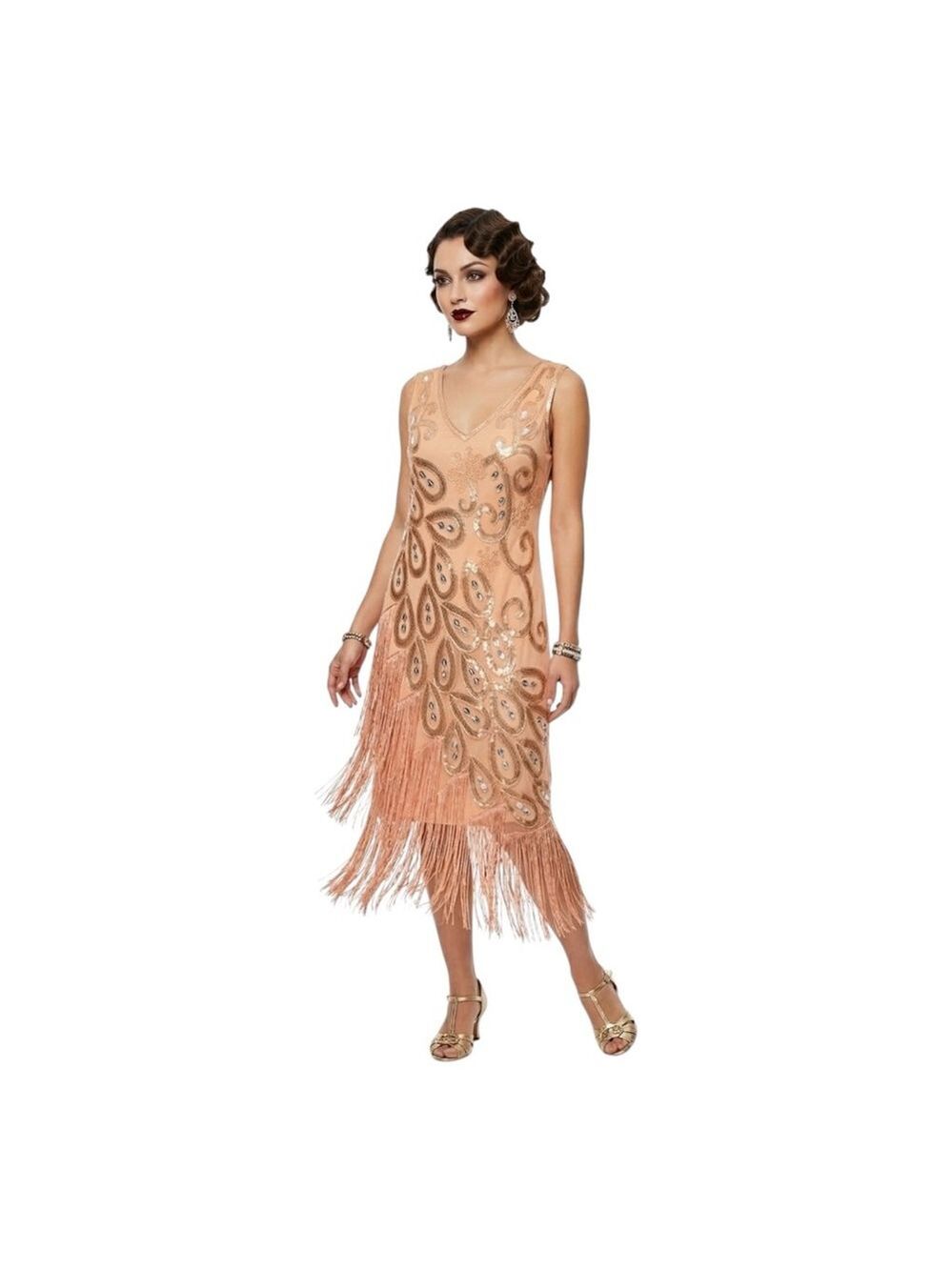 Vijiv 1920s Flapper Fringe Beaded Dress Art Deco Gatsby Peach NWT Size L